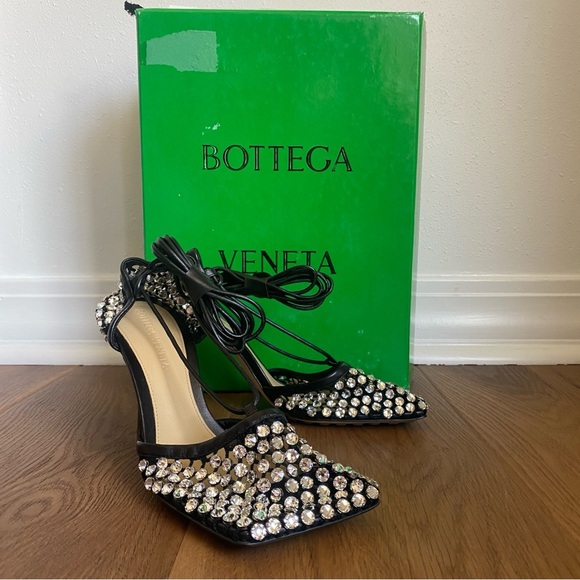 Bottega‎ Veneta Sparkle Stretch Lace-Up Sandal Heels Black 35.5/5.5 - Picture 1 of 10